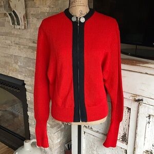 Vtg Obermeyer Germany red zip cardigan sweater black trim 100% wool grandma core